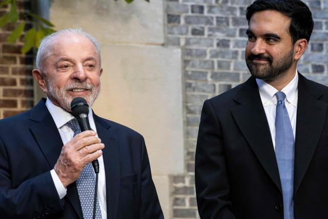 Brazilian President Luiz Inácio Lula da Silva (L) speaks alongside New York City Mayor Zohran Mamdani to reporters after meeting with one another in New York on September 21, 2026. (Photo by Dave Sanders / POOL / AFP)