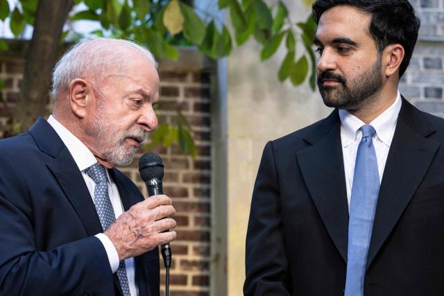 New York City Mayor Zohran Mamdani (R) listens to Brazilian President Luiz Inácio Lula da Silva speaks to reporters after meeting with one another in New York on September 21, 2026. (Photo by Dave Sanders / POOL / AFP)