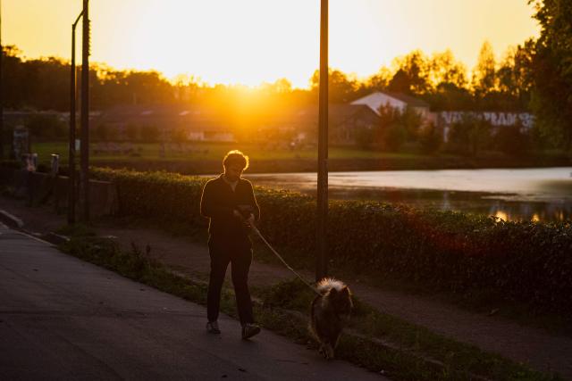 A man walks his dog along the banks of the Deule river at sunset in Lille, northern France, on September 21, 2026. (Photo by Sameer Al-DOUMY / AFP)