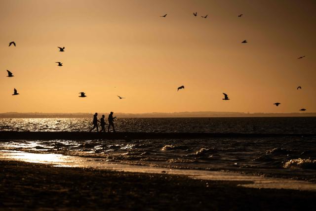 Migrants walk toward a smuggler's boat in an attempt to cross the English Channel off the beach of Cabourg, northwestern France, on September 21, 2026. As crossings of the English Channel become increasingly difficult from northern French beaches, migrants are trying new routes to reach England from southern regions such as the Calvados department, where the Channel is wider than along the northern French coast. (Photo by Guillaume SALIGOT / AFP)