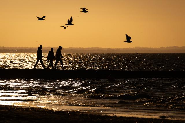Migrants walk toward a smuggler's boat in an attempt to cross the English Channel off the beach of Cabourg, northwestern France, on September 21, 2026. As crossings of the English Channel become increasingly difficult from northern French beaches, migrants are trying new routes to reach England from southern regions such as the Calvados department, where the Channel is wider than along the northern French coast. (Photo by Guillaume SALIGOT / AFP)