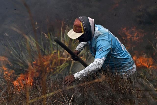A volunteer tries to extinguish a wildfire on Ritoque Hill in the municipality of Villa de Leyva, Boyaca department, Colombia, on September 21, 2026. (Photo by Raul ARBOLEDA / AFP)