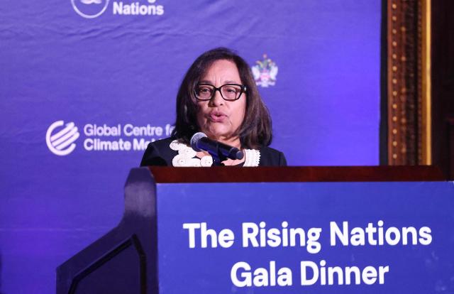 Marshall Islands' President Hilda Heine speaks during the Global Centre for Climate Mobility (GCCM) 2026 Rising Nations Leaders Awards at the Harward Club in New York on September 21, 2026. The award recognizes Tuvalu Prime Minister Feleti Penitala Teo for his commitment to communities facing rising seas and French President Emmanuel Macron for international solidarity and support for nations affected by sea-level rise and climate mobility. (Photo by Ludovic MARIN / AFP) / The erroneous mention[s] appearing in the metadata of this photo by Ludovic MARIN has been modified in AFP systems in the following manner: [Acting Prime Minister of Saint Kitts and Nevis, Deputy Prime Minister Dr. Geoffrey Hanley] instead of [Prime Minister of Saint Kitts and Nevis Terrance Drew]. Please immediately remove the erroneous mention[s] from all your online services and delete it (them) from your servers. If you have been authorized by AFP to distribute it (them) to third parties, please ensure that the same actions are carried out by them. Failure to promptly comply with these instructions will entail liability on your part for any continued or post notification usage. Therefore we thank you very much for all your attention and prompt action. We are sorry for the inconvenience this notification may cause and remain at your disposal for any further information you may require.