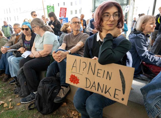 People attend a protest in the city of Linz, Austria on September 11, 2026, against the construction of new Google’s data centre in the Upper Austrian town of Kronstorf. A planned Google data centre promises investment, jobs and a place on the digital map. But not everyone is convinced and local residents have staged potests against the centre. (Photo by Joe Klamar / AFP)
