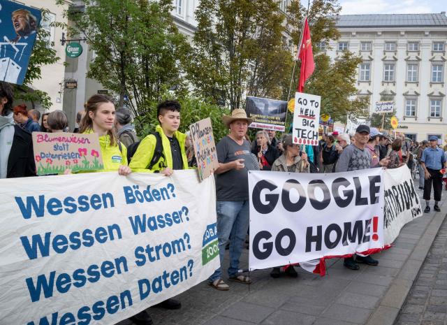 People attend a protest in the city of Linz, Austria on September 11, 2026, against the construction of new Google’s data centre in the Upper Austrian town of Kronstorf. A planned Google data centre promises investment, jobs and a place on the digital map. But not everyone is convinced and local residents have staged potests against the centre. (Photo by Joe Klamar / AFP)