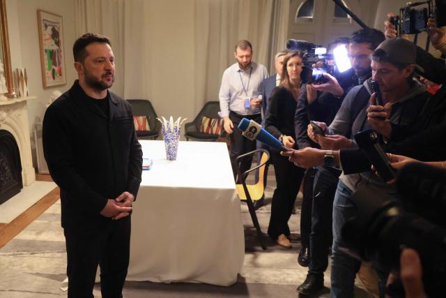 Ukraine's President Volodymyr Zelensky speaks with reporters prior to meet with France's President Emmanuel Macron on the sidelines of the 81st United Nations General Assembly in New York City on September 21, 2026. (Photo by Ludovic MARIN / AFP)