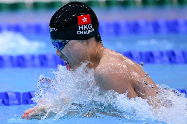 Hong Kong's Chi Kit Nicholas Cheung competes in a heat of the men's 4 x 100m medley relay swimming event during the 2026 Asian Games at the Tokyo Aquatics Centre in Tokyo on September 22, 2026. (Photo by Yuichi YAMAZAKI / AFP)