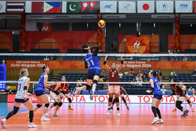Taiwan's Tsai Yu-chun spikes the ball in the women's volleyball match between Taiwan and Indonesia during the 2026 Asian Games at the Park Arena Komaki in Komaki, Aichi prefecture on September 22, 2026. (Photo by MOHD RASFAN / AFP)