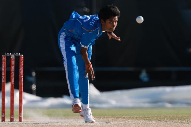 India's Kranti Gaud bowls in the women's gold medal cricket match between India and Sri Lanka during the 2026 Asian Games at Korogi Athletic Park in Nisshin, Aichi prefecture on September 22, 2026. (Photo by DAVID GRAY / AFP)
