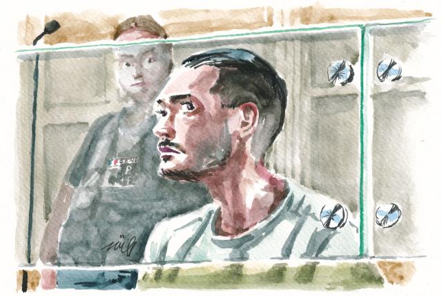 (FILES) This court sketch made on September 14, 2026 shows Othman Garrido, suspected of having been an executioner for the Islamic State (ISIS) in Syria and Iraq, standing in court during his trial at Paris Special Assize Court on September 14, 2026. Othman Garrido was arrested and extradited from Turkey to France in 2020, after spending eight years in the Iraq-Syria border region, where ISIS imposed a reign of terror between 2014 and 2019. Garrido insisted that he has “never killed anyone” and “never taken part in an execution.” But when asked about the horrific public beheading in Syria in 2015—for which he is being prosecuted for murder— appeared to be at a loss for words on September 21, 2026. (Photo by ZZIIGG / AFP)