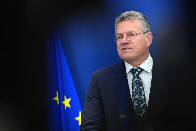 EU Commissioner for Trade and Economic Security, Interinstitutional relations and Transparency Maros Sefcovic gives a press conference on EU-Philippines trade relations in Brussels on September 22, 2026. (Photo by Nicolas TUCAT / AFP)