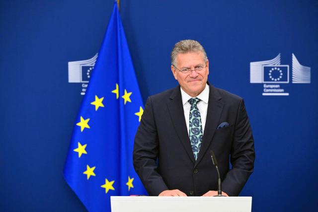 EU Commissioner for Trade and Economic Security, Interinstitutional relations and Transparency Maros Sefcovic gives a press conference on EU-Philippines trade relations in Brussels on September 22, 2026. (Photo by Nicolas TUCAT / AFP)