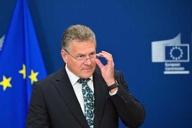 EU Commissioner for Trade and Economic Security, Interinstitutional relations and Transparency Maros Sefcovic gives a press conference on EU-Philippines trade relations in Brussels on September 22, 2026. (Photo by Nicolas TUCAT / AFP)