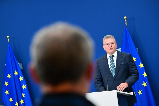 EU Commissioner for Trade and Economic Security, Interinstitutional relations and Transparency Maros Sefcovic gives a press conference on EU-Philippines trade relations in Brussels on September 22, 2026. (Photo by Nicolas TUCAT / AFP)