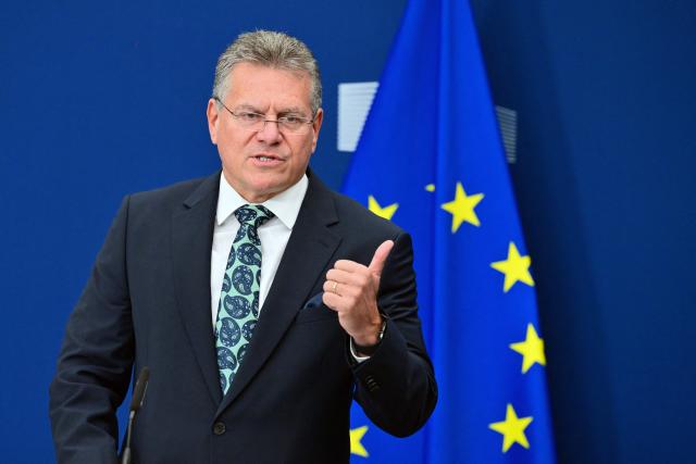 EU Commissioner for Trade and Economic Security, Interinstitutional relations and Transparency Maros Sefcovic gives a press conference on EU-Philippines trade relations in Brussels on September 22, 2026. (Photo by Nicolas TUCAT / AFP)