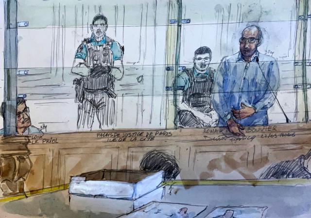 This court sketch shows defendant far-right activist Romain Bouvier (R) in front of the Assize Court, France's criminal court during his trial over the 2022 killing of Argentine rugby international Federico Martin Aramburu, in Paris on September 22, 2026. Loik Le Priol, 32, and Romain Bouvier, 35, have been charged with murder and attempted murder respectively over the killing of Aramburu, in a trial to last several weeks, and risk up to life in jail if they are found guilty. (Photo by Benoit PEYRUCQ / AFP)