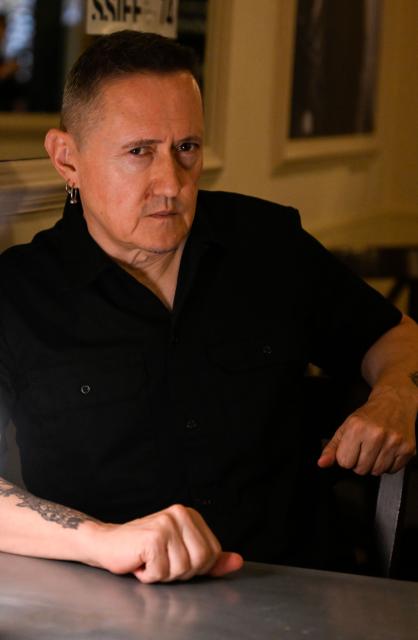 Spanish Singer and Producer Fermin Muguruza poses during an interview with AFP about his documentary "Muguruza FM 40 Tour" during the 74th San Sebastian International Film Festival in the northern Spanish Basque city of San Sebastian on September 22, 2026. (Photo by ANDER GILLENEA / AFP)
