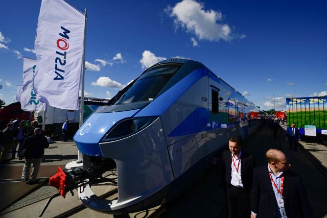 A Coriada Stream regional and intercity train by Alstom is on display during the InnoTrans transport trade fair in Berlin on September 22, 2026. From September 22 to 25, 2026, around 600 companies from the Railway Infrastructure and Tunnel Construction sectors will present their latest products and services, ranging from digital planning and monitoring systems to innovative construction methods and sustainable solutions for Tunnel Construction and infrastructure management. (Photo by John MACDOUGALL / AFP)