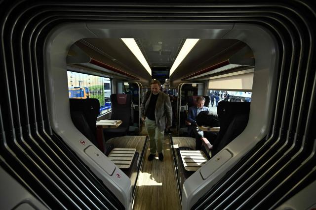 An inside view of a Coriada Stream regional and intercity train by Alstom is seen during the InnoTrans transport trade fair in Berlin on September 22, 2026. From September 22 to 25, 2026, around 600 companies from the Railway Infrastructure and Tunnel Construction sectors will present their latest products and services, ranging from digital planning and monitoring systems to innovative construction methods and sustainable solutions for Tunnel Construction and infrastructure management. (Photo by John MACDOUGALL / AFP)