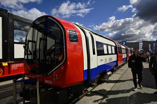 A Metro Inspiro train for the London Underground, manufactured by Siemens, is seen during the InnoTrans transport trade fair in Berlin on September 22, 2026. From September 22 to 25, 2026, around 600 companies from the Railway Infrastructure and Tunnel Construction sectors will present their latest products and services, ranging from digital planning and monitoring systems to innovative construction methods and sustainable solutions for Tunnel Construction and infrastructure management. (Photo by John MACDOUGALL / AFP)