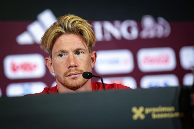 Belgium's midfielder Kevin De Bruyne gives a press conference at the national training centre ahead of the team's UEFA Nations League football fixtures in Tubize on September 22, 2026. (Photo by BRUNO FAHY / Belga / AFP) / Belgium OUT
