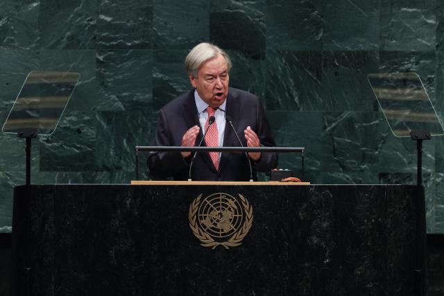 UN Secretary General Antonio Guterres speaks during the 81st United Nations General Assembly at the United Nations Headquarters in New York, on September 22, 2026. (Photo by TIMOTHY A. CLARY / AFP)