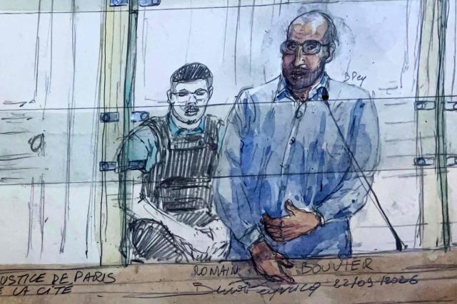 This court sketch shows defendants far-right activists Loik Le Priol (L) and Romain Bouvier (R) in front of the Assize Court, France's criminal court during his trial over the 2022 killing of Argentine rugby international Federico Martin Aramburu, in Paris on September 22, 2026. Loik Le Priol, 32, and Romain Bouvier, 35, have been charged with murder and attempted murder respectively over the killing of Aramburu, in a trial to last several weeks, and risk up to life in jail if they are found guilty. (Photo by Benoit PEYRUCQ / AFP)