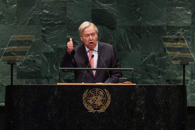 UN Secretary General Antonio Guterres speaks during the 81st United Nations General Assembly at the United Nations Headquarters in New York, on September 22, 2026. (Photo by TIMOTHY A. CLARY / AFP)