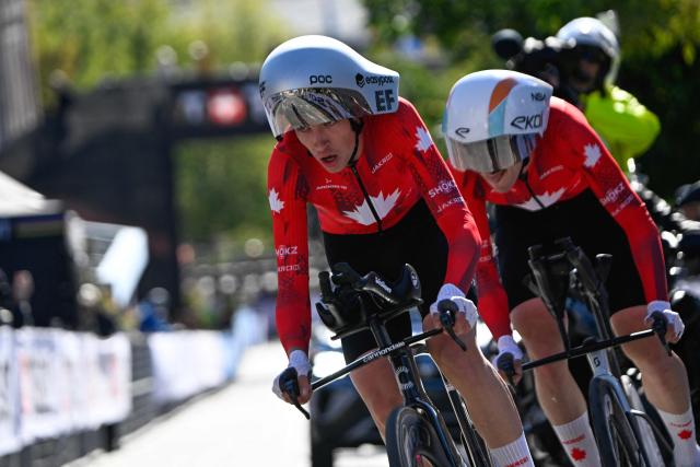 Canada’s men’s team competes in the mixed relay team time trial during the 2026 Union Cycliste Internationale (UCI) Road World Championships in Montreal, Quebec, on September 22, 2026. (Photo by Andrej Ivanov / AFP)