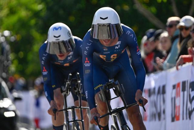 Spain’s men’s team competes in the mixed relay team time trial during the 2026 Union Cycliste Internationale (UCI) Road World Championships in Montreal, Quebec, on September 22, 2026. (Photo by Andrej Ivanov / AFP)
