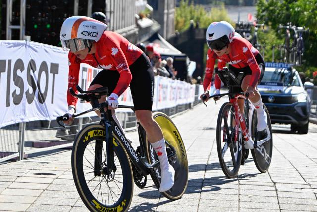 Canada's women's team competes in the mixed relay team time trial during the 2026 Union Cycliste Internationale (UCI) Road World Championships in Montreal, Quebec, on September 22, 2026. (Photo by Andrej Ivanov / AFP)