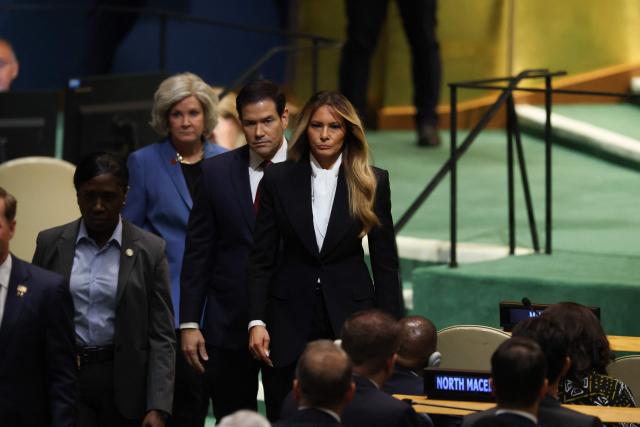 US First Lady Melania Trump, Secretary of State Marco Rubio and White House Chief of State Susie Wiles arrive to hear President Donald Trump address the 81st United Nations General Assembly at United Nations headquarters in New York on September 22, 2026. (Photo by TIMOTHY A. CLARY / AFP)