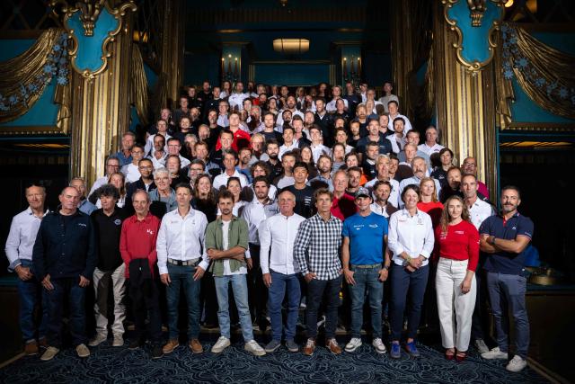 Skippers of the 13th Route du Rhum pose for a group picture on September 22, 2026, at the Folies Bergere theatre in Paris. From Saint-Malo in Brittany to Pointe-à-Pitre in Guadeloupe, 118 skippers across 6 classes will take the start on November 1, 2026, in this solo transatlantic sailing race. (Photo by Julien DE ROSA / AFP)
