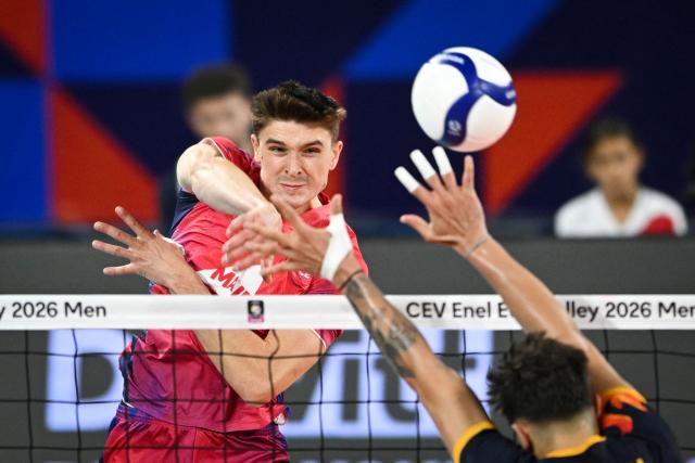 France's opposite spiker Theo Faure smashes during the Men's EuroVolley 2026 volleyball quarter-final match between France and Romania at Arena 8888 in Sofia on September 22, 2026. (Photo by Nikolay Doychinov / AFP)