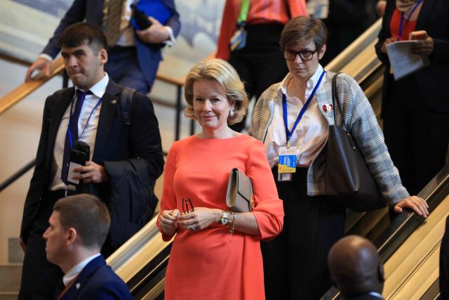 Queen Maxima of the Netherlands departs UN headquarters in New York on September 22, 2026. (Photo by CHARLY TRIBALLEAU / AFP)