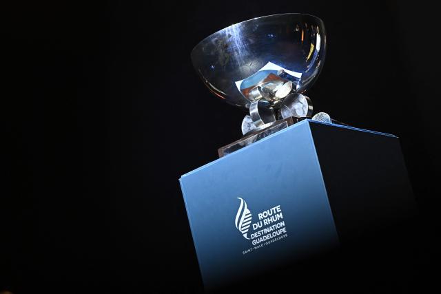 A pitcure shows the trophy during the press conference of the 13th Route du Rhum on September 22, 2026, at the Folies Bergere theatre in Paris. From Saint-Malo in Brittany to Pointe-à-Pitre in Guadeloupe, 118 skippers across 6 classes will take the start on November 1, 2026, in this solo transatlantic sailing race. (Photo by JULIEN DE ROSA / AFP)