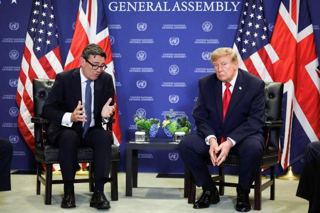 US President Donald Trump (R) meets with British Prime Minister Andy Burnham during a bilateral meeting on the sidelines of the 81st United Nations General Assembly in New York, on September 22, 2026. (Photo by Toby Melville / AFP)