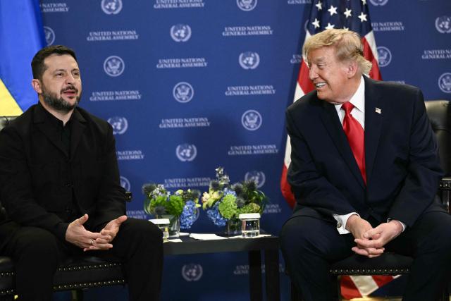 Ukraine's President Volodymyr Zelensky (L) meets with US President Donald Trump on the sidelines of the 81st United Nations General Assembly in New York, on September 22, 2026. (Photo by Brendan SMIALOWSKI / AFP)