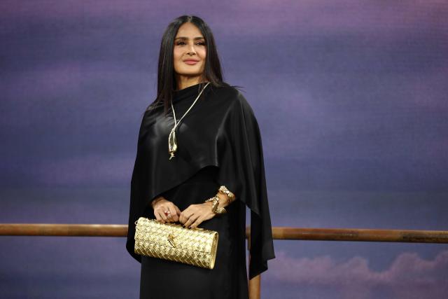 Mexican-US actress Salma Hayek poses upon arrival for the global premiere of the film 'Digger' in Leicester Square in central London on September 22, 2026. (Photo by Henry NICHOLLS / AFP)