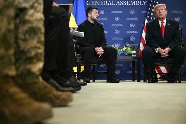 Ukraine's President Volodymyr Zelensky (C-L) meets with US President Donald Trump on the sidelines of the 81st United Nations General Assembly in New York, on September 22, 2026. (Photo by Brendan SMIALOWSKI / AFP)