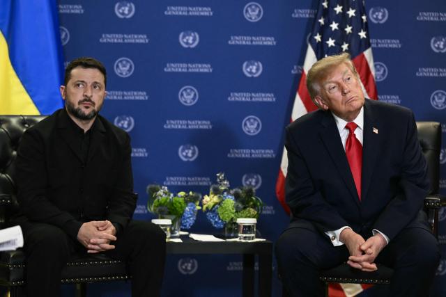Ukraine's President Volodymyr Zelensky (L) looks on during a bilateral meeting with US President Donald Trump on the sidelines of the 81st United Nations General Assembly in New York, on September 22, 2026. (Photo by Brendan SMIALOWSKI / AFP)