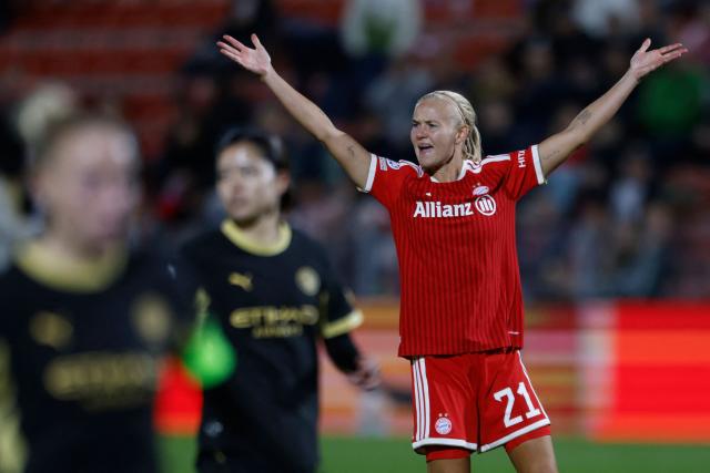 Bayern Munich's Danish forward #21 Pernille Harder reacts during the UEFA Women's Champions League first round day 1 football match between Bayern Munich and Manchester City in Munich, southern Germany, on September 22, 2026. (Photo by Michaela STACHE / AFP)