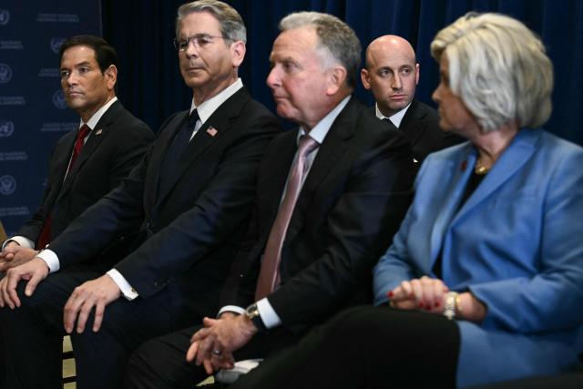 (L/R) US Secretary of State Marco Rubio, US Secretary of Treasury Scott Bessent, US Special Envoy to the Middle East Steve Witkoff, White House Deputy Chief of Staff for Policy Stephen Miller, and White House Chief of Staff Susie Wiles look on as US President Donald Trump meets with Ukraine's President Volodymyr Zelensky on the sidelines of the 81st United Nations General Assembly in New York, on September 22, 2026. (Photo by Brendan SMIALOWSKI / AFP)