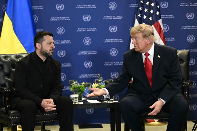 Ukraine's President Volodymyr Zelensky (L) during a bilateral meeting with US President Donald Trump on the sidelines of the 81st United Nations General Assembly in New York, on September 22, 2026. (Photo by Brendan SMIALOWSKI / AFP)