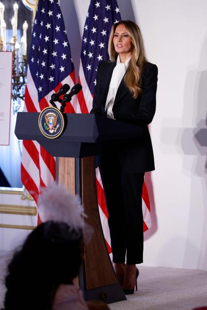 US First Lady Melania Trump speaks at a press conference to announce the expansion of her "Fostering the Future Together" coalition in New York, on September 22, 2026. "Fostering the Future Together" aims to increase children's access to education technology while promoting online safety. (Photo by Leonardo MUNOZ / AFP)