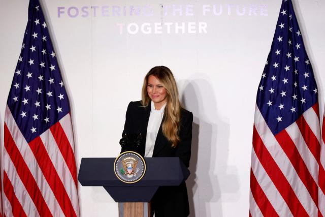 US First Lady Melania Trump speaks at a press conference to announce the expansion of her "Fostering the Future Together" coalition in New York, on September 22, 2026. "Fostering the Future Together" aims to increase children's access to education technology while promoting online safety. (Photo by Leonardo MUNOZ / AFP)