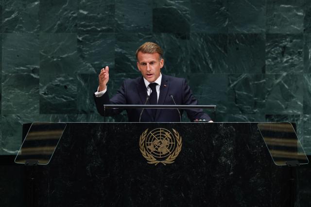 France's President Emmanuel Macron speaks during the 81st United Nations General Assembly at the United Nations Headquarters in New York, on September 22, 2026. (Photo by TIMOTHY A. CLARY / AFP)