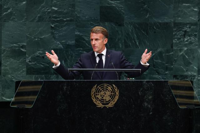 France's President Emmanuel Macron speaks during the 81st United Nations General Assembly at the United Nations Headquarters in New York, on September 22, 2026. (Photo by TIMOTHY A. CLARY / AFP)