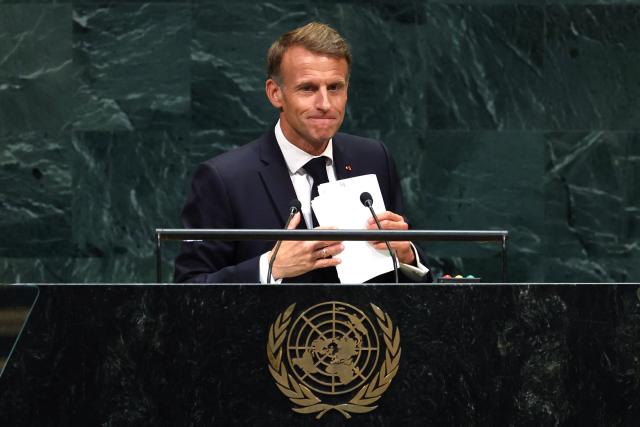 France's President Emmanuel Macron speaks during the 81st United Nations General Assembly at the United Nations Headquarters in New York, on September 22, 2026. (Photo by TIMOTHY A. CLARY / AFP)