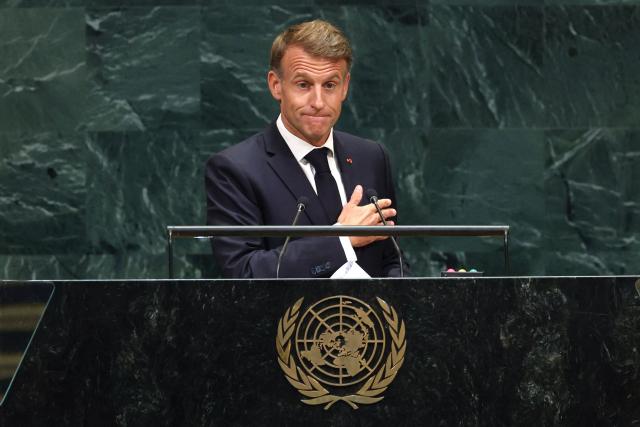 France's President Emmanuel Macron speaks during the 81st United Nations General Assembly at the United Nations Headquarters in New York, on September 22, 2026. (Photo by TIMOTHY A. CLARY / AFP)